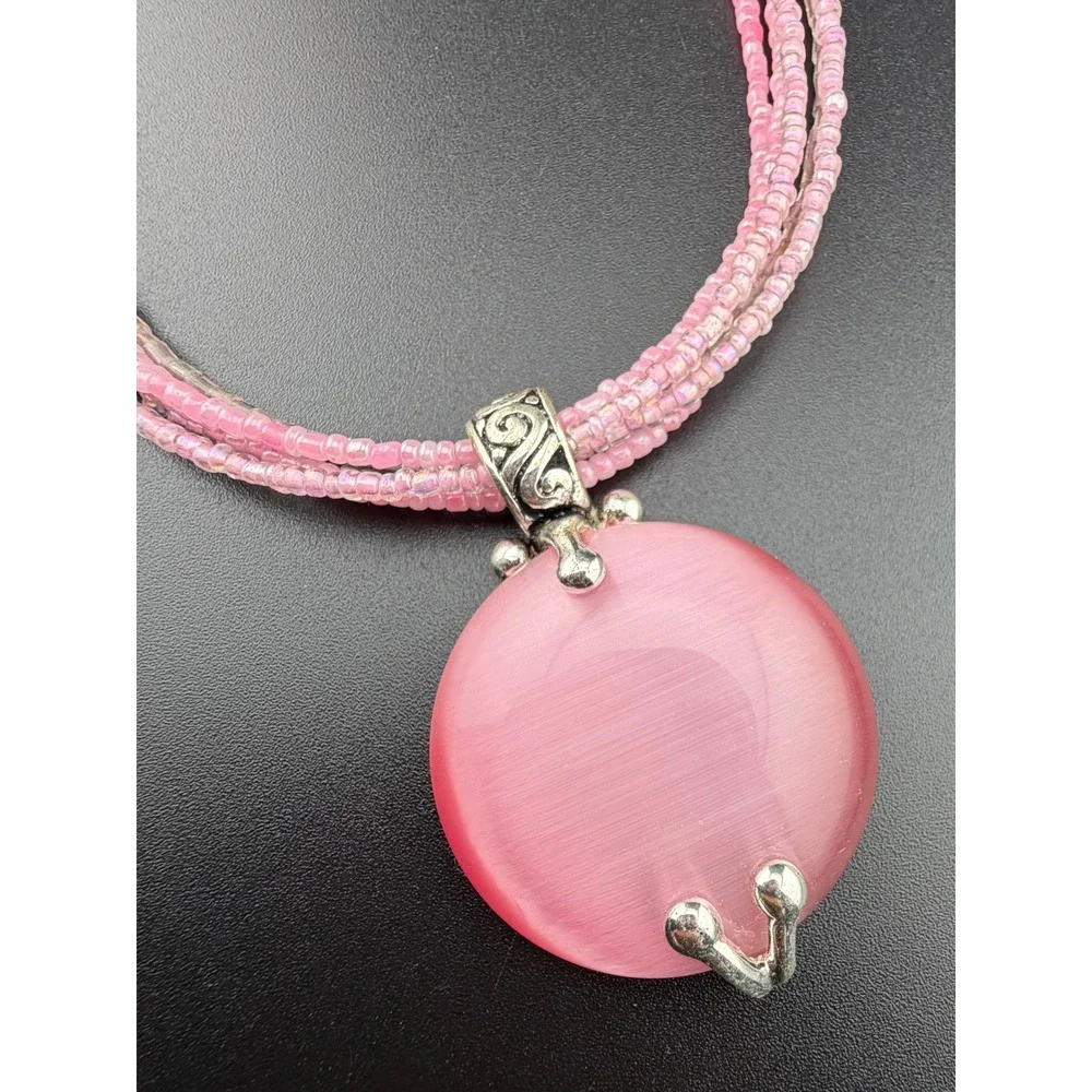 Premier Design Necklace Pink Multi Strand Beaded Silver Tone Cats Eye‎ Moonstone